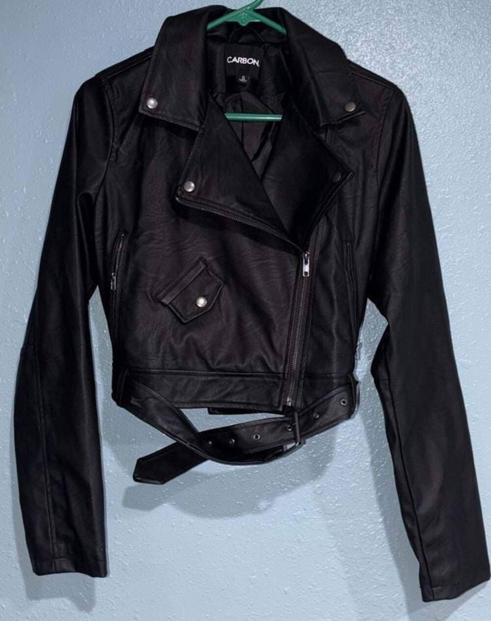 Carbon Black Faux Leather Cropped Moto Jacket with Belt